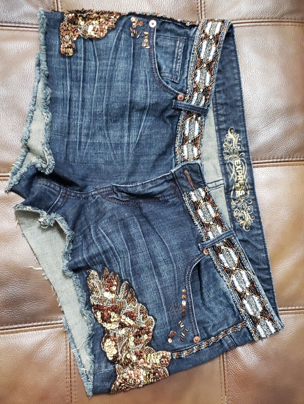 Express Dark Blue Denim Shorts with Gold Sequin Embellishment